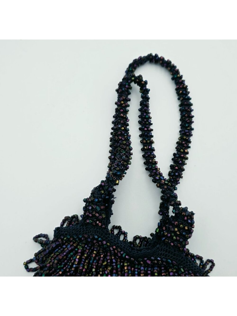 1930s  Handcrafted Beaded Black Iridescent Evening Bag With Fringe Detail - Picture 3 of 6